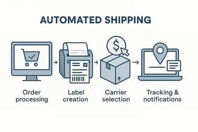 Illustration showing steps of automated shipping: order processing, label creation, carrier selection, and tracking with notifications.